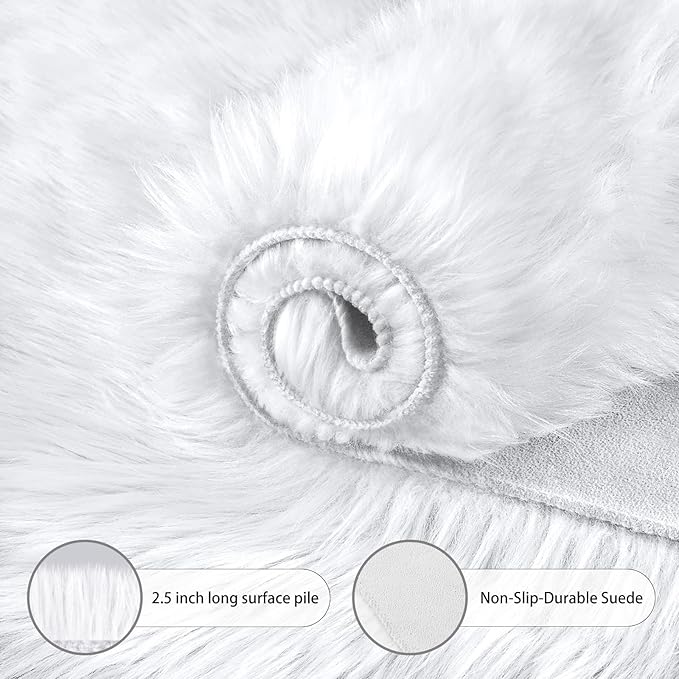 Ciicool Ultra Soft Faux Sheepskin Fur Rug Fluffy Chair Rug for Sofa Couch Seat Cushion.Shaggy Furry Small 2x4 White Bedroom Fuzzy Carpet for Living Room Kid's Room Nursery Decor