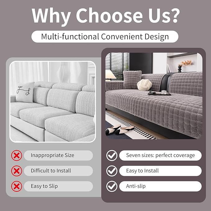 Velvet Couch Cover, Washable Sectional Sofa Cover, Anti Slip Sofa Slipcovers for 3 Cushion Couch Sofa L Shaped Recliner, Furniture Protector Covers for Pets Kids(Dark Grey, Only 1 PCS)