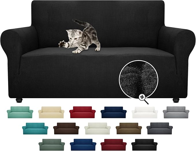 ZNSAYOTX Super Stretch Couch Cover Love Seat Sofa Covers for Living Room Dogs Pet Friendly Furniture Protector Spandex Loveseat Slipcovers with Anti Slip Foam Sticks (Black, Loveseat)