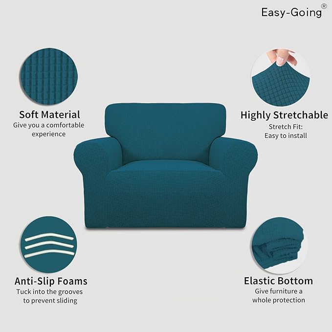 Easy-Going Stretch Oversized Chair Sofa Slipcover 1-Piece Couch Sofa Cover Furniture Protector Soft with Elastic Bottom for Kids Spandex Jacquard Fabric Small Checks Peacock Blue