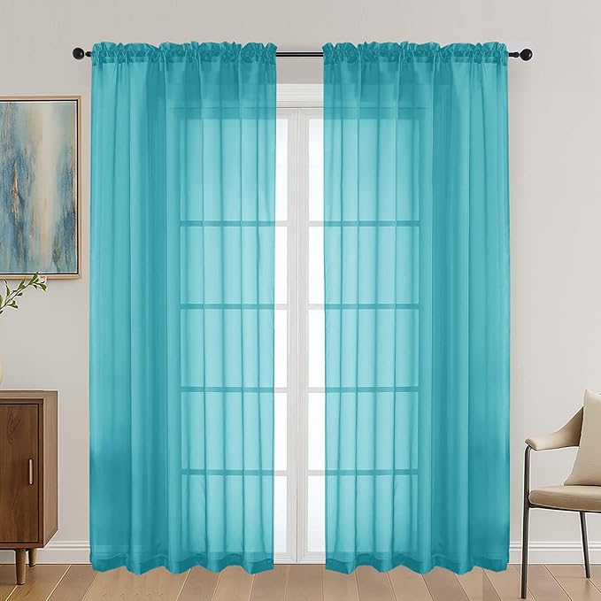 OVZME Turquoise Sheer Curtains 72 Inches Long 2 Panels Set, Light Filtering Sheer Curtains for Living Room Bedroom 59 Inch Extra Wide, Modern Voile Filmy Rod Pocket Window Drapes, 59Wx72L Inches