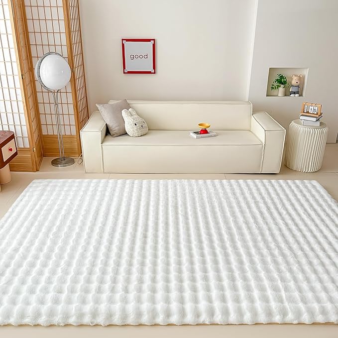 White Rabbit Plush Rug 8'x10', Fluffy Faux Fur Shaggy Area Rug for Nursery, Kids Room Decor, Soft Fuzzy Carpet for Living Room, Bedroom, Teen Girls Room