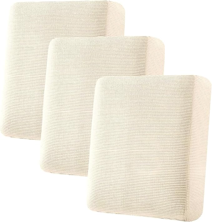 H.VERSAILTEX Super Stretch Individual Seat Cushion Covers Sofa Covers Couch Slipcover Sets Thick Jacquard Textured Twill Fabric (3 Piece Sofa Cushion Covers, Cream)