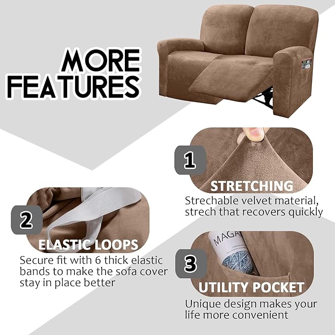 ULTICOR Reclining Love Seat Slipcover, 48" - 65" L, 6-Piece Velvet Stretch Loveseat Reclining Sofa Covers, 2 seat Love seat Recliner Cover, Thick, Soft, Washable (Sand)