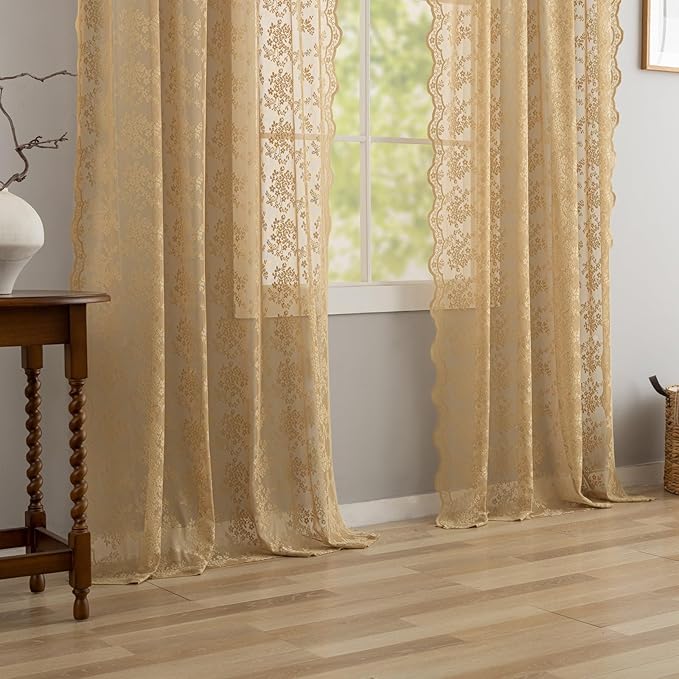 YJ YANJUN Vintage Lace Curtains 84 Inches Long-Victorian Floral Pattern Taupe Sheer Curtain Panels for Living Room Bedroom, Retro Boho Farmhouse Earth Tone Home Decor 2 Panels 52W x 84L Dark Tan