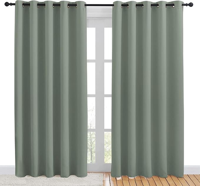 NICETOWN Blackout Draperies Curtains for Kids Room, Window Treatment Thermal Insulated Solid Grommet Blackout Drape Panels for Bedroom (Greyish Green, Set of 2, 70 by 84 inches)