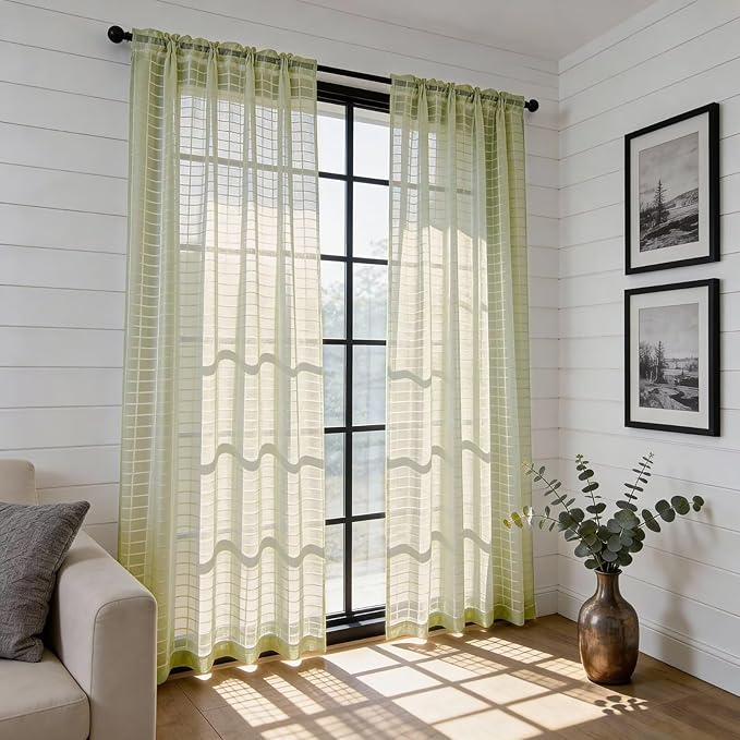 SpaceDresser Check Sheer Curtains 72 Inches 2 Panels Set, Rod Pocket Plaid Window Curtain for Living Room, Sage Green Semi Sheer Drapes for Kitchen Bedroom Children Room Yard（Sage Green, 52W x 72L）
