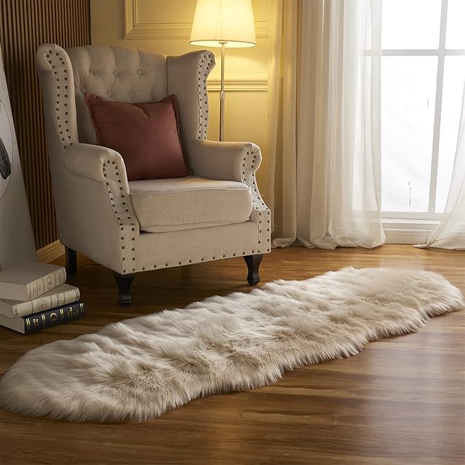 Arbosofe Ultra Soft Faux Fur Rug, Area Rugs, Beige Fluffy Shaggy Fur Rug for Bedroom & Living Room, Kids Room Decor, 2 x 6 Feet Sheepskin