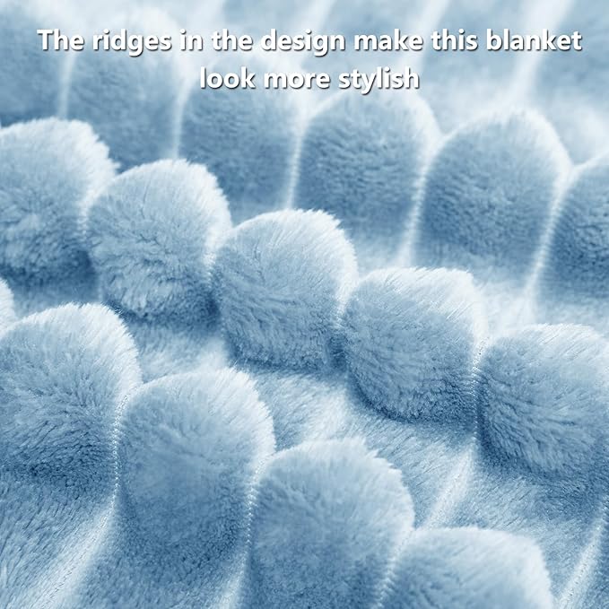 HIMEET Light Blue Ribbed Twin Blanket for Bed - 300GSM Lightweight Fleece Blanket for Men Women, Blankets Graduation Birthday Gifts, Striped Spring Home School Dorm Decor, Light Blue, 60x80 Inches