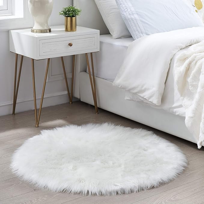 Round Fur Fluffy Area Rug for Bedroom, White Faux Fur Rugs Furry Circle Rug for Kids Room, Cute Furry Nursery Carpet, Plush Shag Circular Rugs Floor Carpets for Teen Girl Room, 3x3 Ft