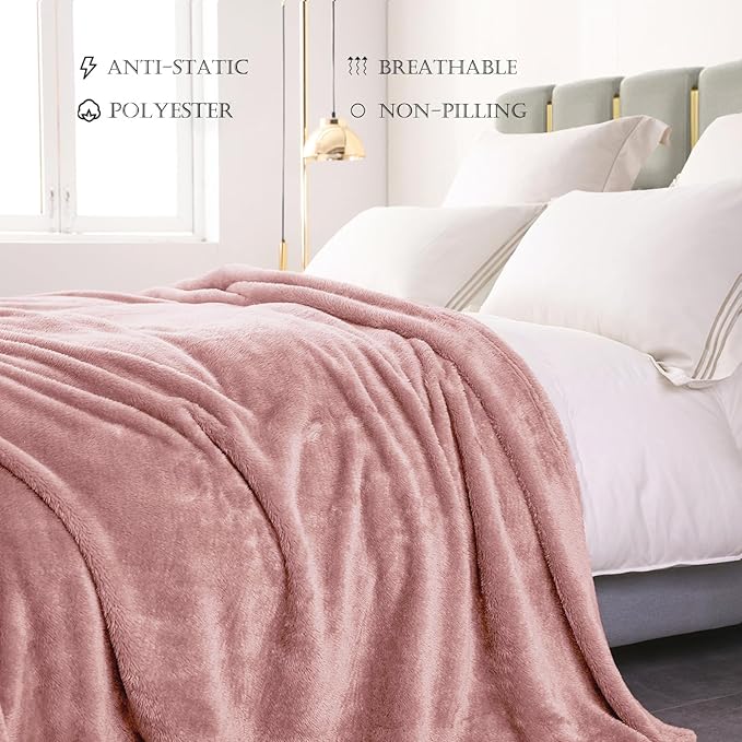 Exclusivo Mezcla Plush Fuzzy Fleece Bed Blanket Queen Size, Super Soft, Fluffy and Warm Blankets for Couch, Bed, All Season (Dusty Pink, 90x90 inches)