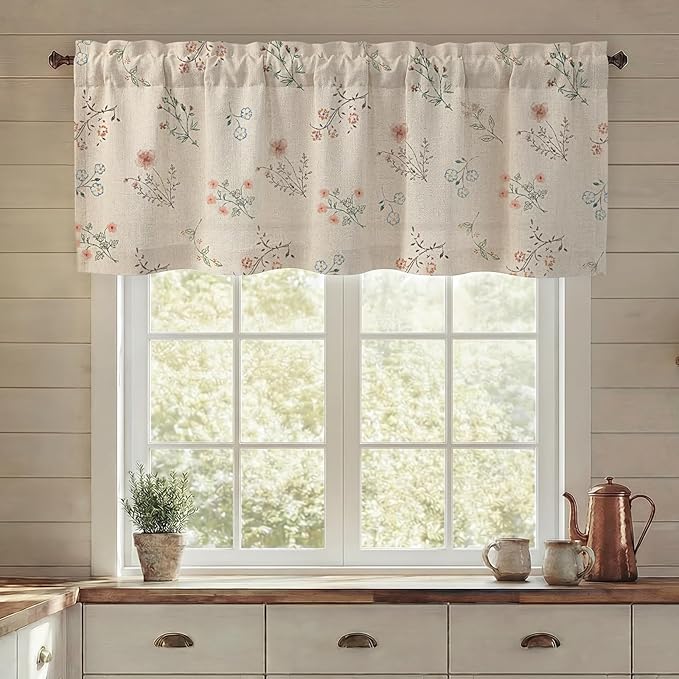 Kitchen Valances for Windows, Country Farmhouse Cottage Rustic Vintage Floral Linen Light Filtering Bedroom Living Room Patterned Printed Western Rod Pocket(1 Panel,52 x 18 Inch)