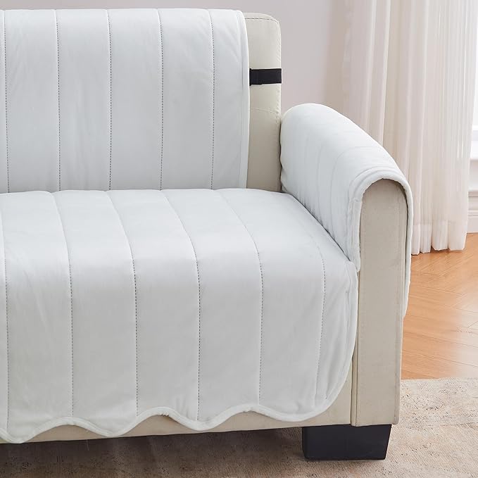 Great Bay Home Velvet Chair Cover - Washable Slipcover Furniture Protector with Elastic Straps - Furniture Cover for Dogs, Kids, and Pets - Stitched Detail (White)