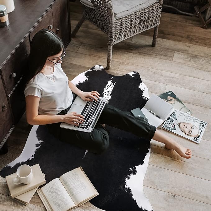 AROGAN Faux Cow Hide Rug, Premium Cow Print Rug Animal Area Rug for Western Boho Decor, Cowhide for Bedroom, Living Room, Cute Decor Black and White, 2.3 x 3.6 Feet