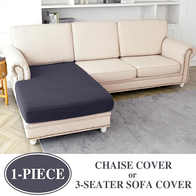 Chaise Couch Cushion Cover Washable Separate Seat Stretch Sectional Sofa Slipcover (1 Piece for Chaise or Sofa 3-Seater, Dark Grey)