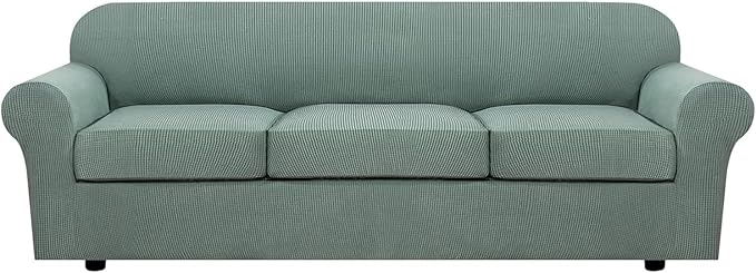 H.VERSAILTEX 4 Piece Stretch Sofa Covers for 3 Cushion Couch Covers for Living Room Furniture Slipcovers (Base Cover Plus 3 Seat Cushion Covers) Thicker Jacquard Fabric (Large Sofa, Sage)