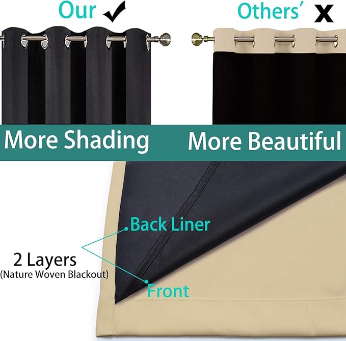 Yakamok Beige 100% Blackout Curtains, Thermal Insulated Total Blackout Drapes for Bedroom, Heat Blocking Window Curtains for Living Room(42Wx84L, 2 Panels)