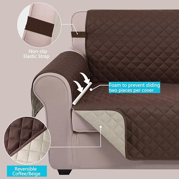 U-NICE HOME Loveseat Sofa Cover Reversible Couch Covers for 2 Cushion Couch for Dogs Friendly Furniture Protector with Elastic Straps Water Resistant (Loveseat Small, Coffee/Beige)