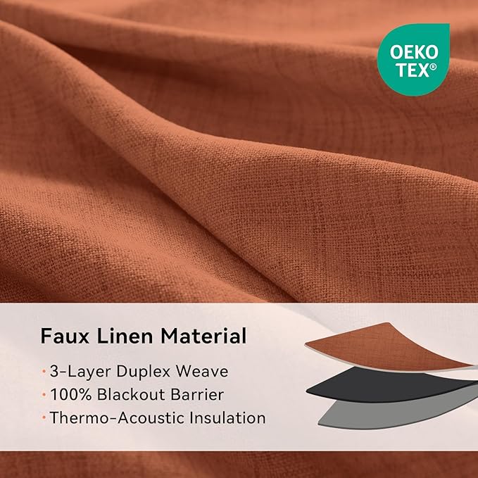 100% Blackout Shield Linen Blackout Curtains for Bedroom, Orange Grommet Curtains for Living Room, Thermal Insulated Room Darkening Drapes for Nursery, Boho Home Decor, 50" W x 96" L, 2 Panels