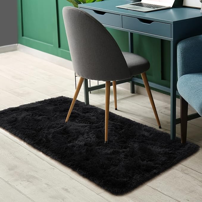 Amearea Shag Fluffy Small Rug, 2x4 Feet Throw Rugs for Bedroom Girls Living Room, Extra Soft and Fuzzy Shaggy Carpet, Non Slip, Solid Color Nursery Home Floor Decor Carpets, Black