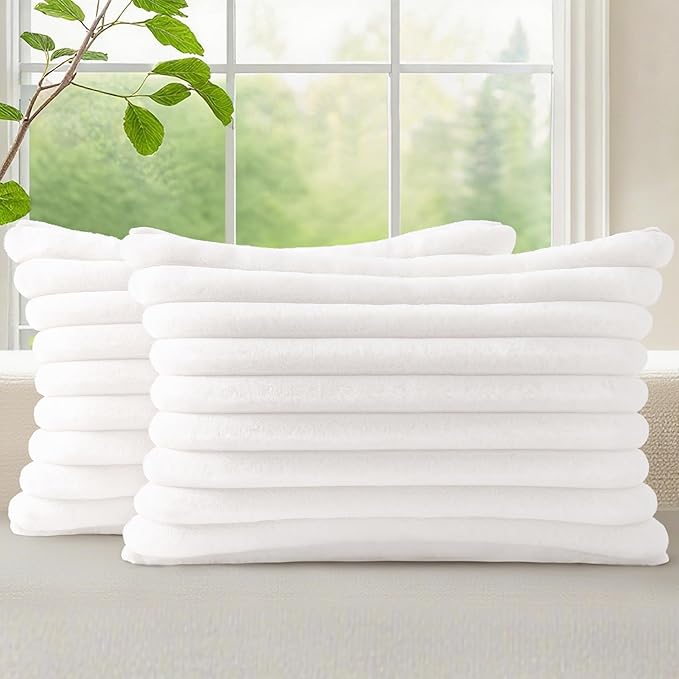 decorUhome Summer Cozy Faux Fur Throw Pillow Covers 12x20 Set of 2 Decorative Soft Plush Striped Lumbar Modern Farmhouse Boho Couch Pillow Cases with Velvet Back for Sofa Bed Living Room, White