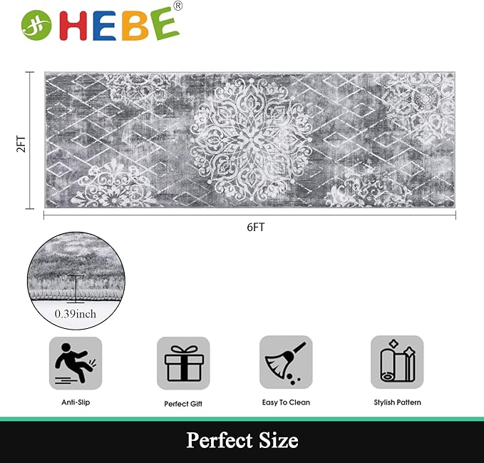 HEBE Hallway Runner Rug 2'x6' Washable Vintage Distressed Area Rugs Non Slip Laundry Rug Runner Boho Floor Carpet Runners for Hallways Entryway Laundry Room Kitchen Bathroom