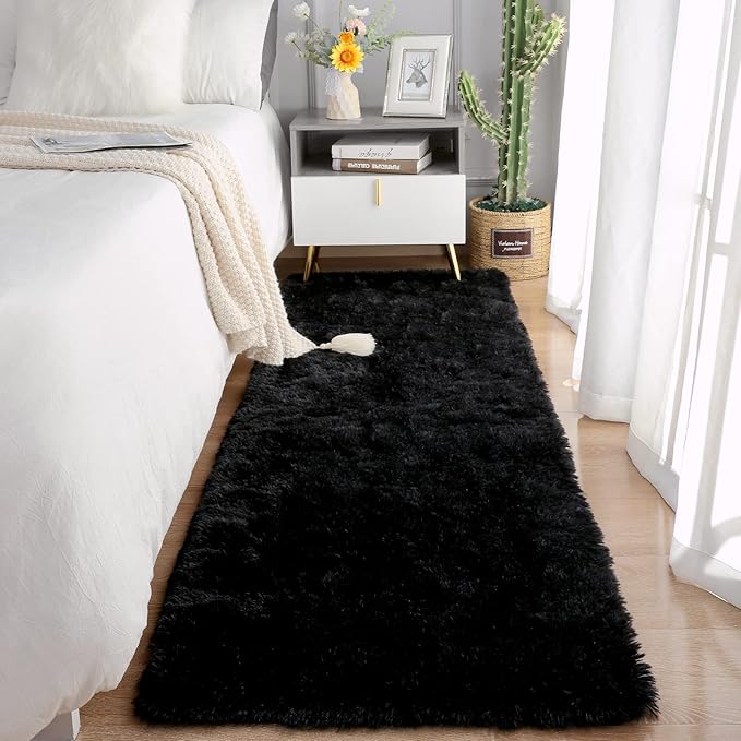 Chicrug Soft 2x10 Runner Rug for Bedroom Living Room Plush Fluffy Rug, Shag Furry Hallway Runner Carpet Rug Non Shedding for Nursery Children Kids Girls Room Home Decorative, Black