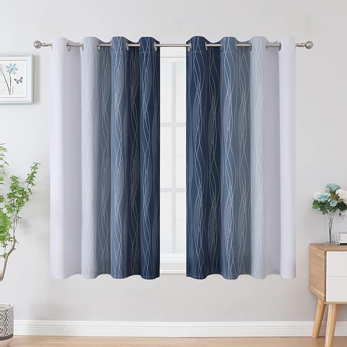 Estelar Textiler Full Room Darkening Greyish White and Navy Blue Blackout Curtains 45 Inch Length 2 Panels Set,Ombre Thermal Insulated Full Light Blocking Grommet Blackout Drapes for Kitchen,52Wx45L