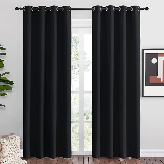 NICETOWN Black Out Curtains for Bedroom Living Room 80 Inches Long, 2 Panels, 52" W, Black, 3 Pass Microfiber Noise Reducing Thermal Insulated Solid Ring Top Blackout Window Drapes
