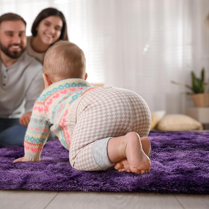 Goideal Fluffy Rug for Bedroom Living Room, 7x10 Purple Area Rugs, Faux Fur Shag Modern Carpet Ultra Soft Girls Boys Room Home Decor, Tie-Dyed