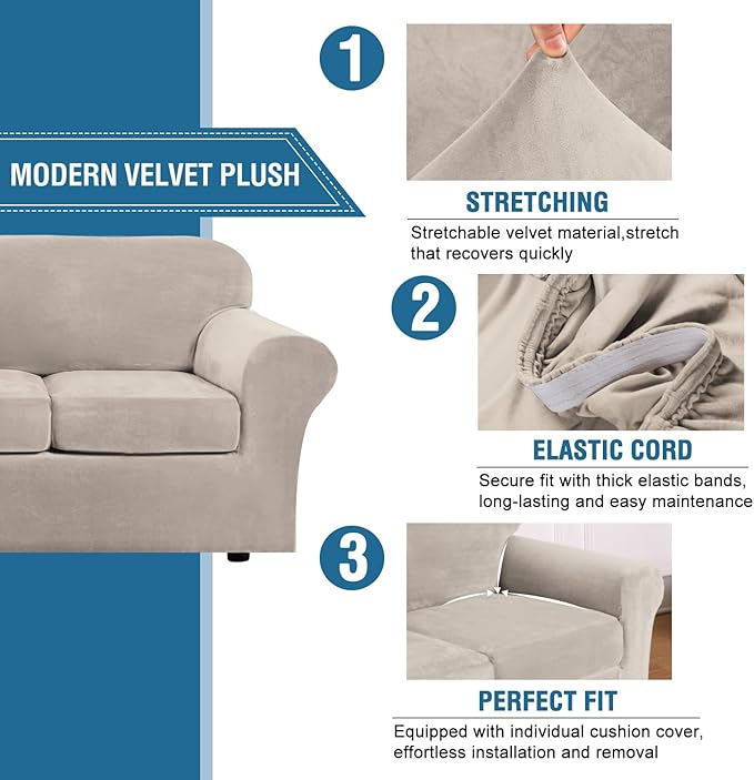 H.VERSAILTEX High Stretch Sofa Slipcover 4 Piece Cover Velvet Furniture Protector Form Fit Thick Velvet Extra Large Sofa Cover for 3 Cushion Couch Width Up to 97 Inch (Large Sofa, French Oak)