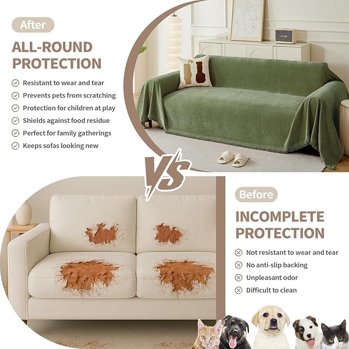 Couch Cover for Dogs, Boho Sofa Covers for 3 Cushion Couch, Chenille Sofa Slipcover for Pets Washable, L-Shape Sectional Couch Loveseat Cover Soft Throw Blankets with Tassels(71x118,Green)