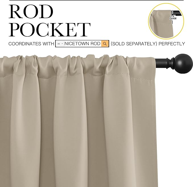 NICETOWN 2 Panels Blackout Curtains, Rod Pocket Window Curtains Room Darkning Drapes for Bedroom/Living Room, Thermal Insulated Solid Draperies for Home Office/Study, 62 by 72-Inch, Soft Taupe