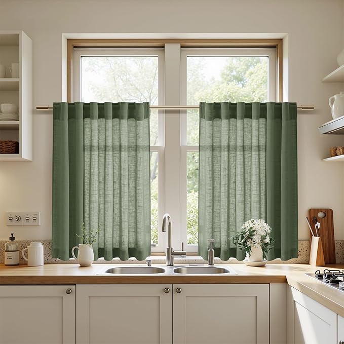 Nanspring Olive Green Linen Curtains 30 Inch Length Short Kitchen, Semi Sheer Light Filtering Panels Back Tab and Rod Pocket Cafe Drapes for Half Window 26 x 30 Inch,2 Panels