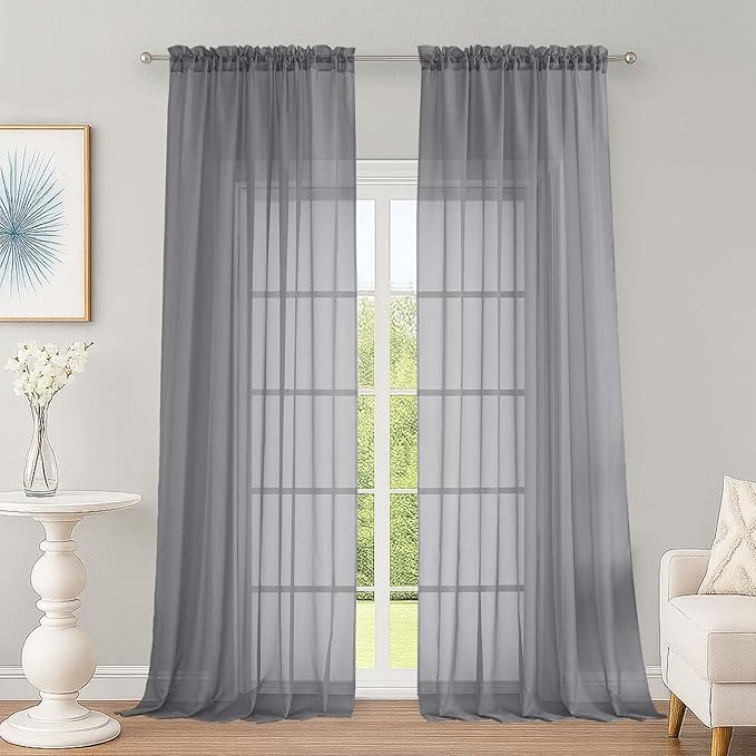 OWENIE Extra Long Grey Sheer Curtains 96 Inches Long 2 Panels Set, Soft Lightweight Airy Voile Sheer Curtain for Bedroom Living Room, Rod Pocket Solid Color Farmhouse Curtains, 59" Wx96 L Inch