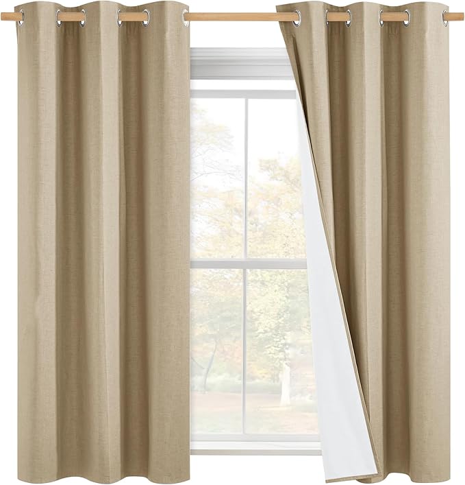 NICETOWN 100% Absolutely Blackout Linen Curtains with Thermal Insulated White Liner, Camel, 42" Wide by 45" Long, 2 Pieces, Linen Blend Window Drapes Privacy Window Treatments for Bedroom/Kids Room
