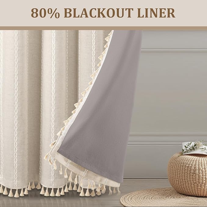Boho 80% Blackout Curtains with Gray Liner 84 Inches Long 2 Panels Set, Beige Linen Blend Drapes with Tassels and Cotton Embroidered for Living Room Bedroom