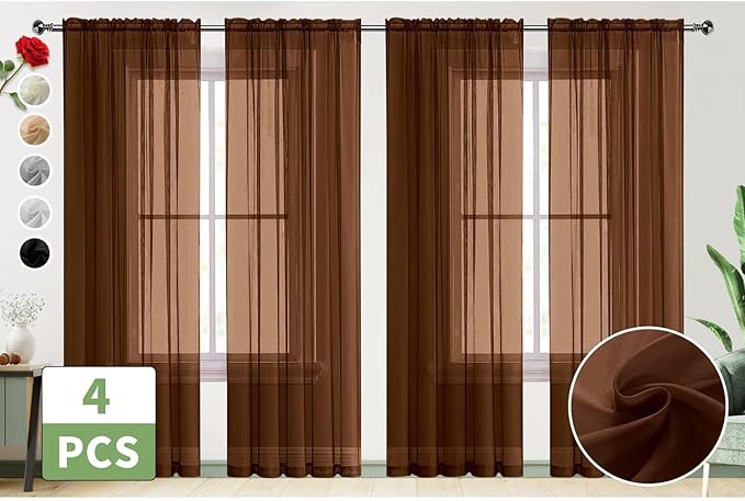 SpaceDresser Brown Sheer Curtains 4 Panels Rod Pocket Semi-Sheer Curtain 90 Inches Long Light Filtering Voile Window Drapes for Bedroom Living Room Kitchen, Each 52W x 90L