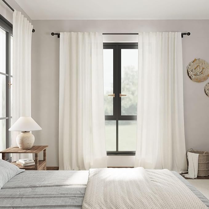 Nanspring Light Filtering Linen Curtains 72 inches Long for Bedroom/Living Room Linen Textured Semi Sheer Back Tab and Rod Pocket Boho Curtains for Small Window Cream 34 x 72 Inch,2 Panels