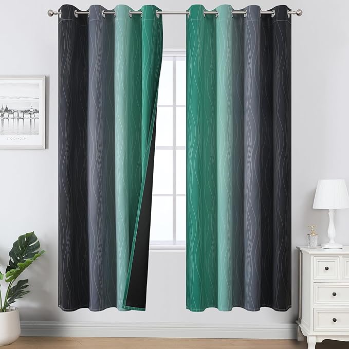 Estelar Textiler Black and Green Ombre Blackout Curtains for Living Room,Energy Efficient Room Darkening Drapes, Grommet Thermal Insulated Window Treatments for Bedroom,52Wx72L,2 Panels