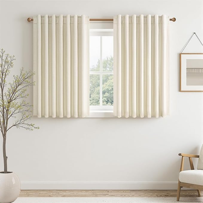 Topfinel 45 Inches Long Linen Blackout Curtains Tiers for Small Window 2 Panels Set Cream White Ivory Linen Short Drapes for Kitchen Bathroom Curtain Hook Belt Pleated Back Tab (W52 xL45)