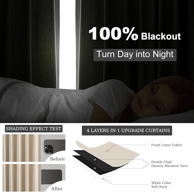 Extra Long 120 Inch Blackout Curtains for Large Window Treatment Natural Farmhouse Thick Linen Texture Sound Proof Drapes Room Divider Pleat Ceiling Track Burg Bedroom 10Ft(W52 xL132 2 Panels)