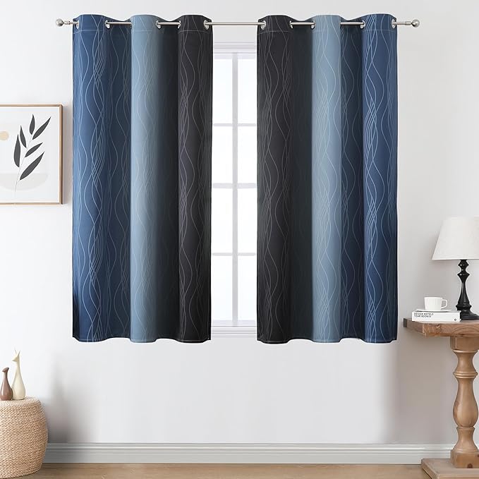 Estelar Textiler Black and Navy Blue Ombre Blackout Curtains 45 Inches Long, Full Room Darkening Gradient Drapes for Kitchen, Thermal Insulated Grommet Short Curtains for Bathroom, 42Wx45L, 2 Panels