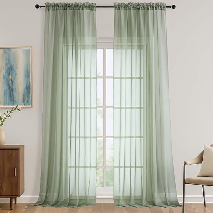 OVZME Sheer Sage Green Curtains 108 Inches Long 2 Panels Set, 59 Inch Extra Wide Lightweight Airy Sage Green Sheer Curtain for Living Room Bedroom, Filmy Voile Rod Pocket, 59Wx108L Inches
