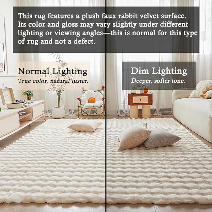 Creamy White Rabbit Plush Rug 6'x9', Fluffy Faux Fur Shaggy Area Rug for Nursery, Kids Room Decor, Soft Fuzzy Carpet for Living Room, Bedroom, Teen Girls Room
