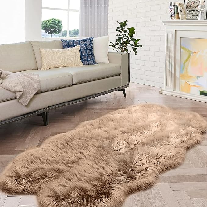 ORINOVA Beige Shag Faux Sheepskin Washable 4X6 Fur Rug for Living Room Bedroom Fluffy Furry Area Rug Rectangle Nursery Decor Rug