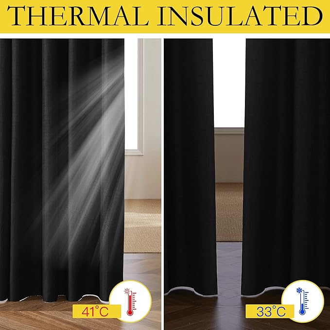 NICETOWN Vintage Open Linen Weave Flax Thermal Curtains, 100% Blackout Curtains 90 inches Long for Dining Room, Soundproof Window Treatment Drapes for Hall Room, Black, 52" Wide Per Panel, Set of 2