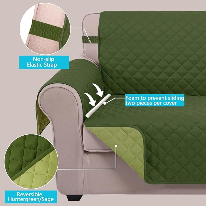 U-NICE HOME Large Sofa Cover Reversible Couch Cover for Dogs Pets with Elastic Straps Water Resistant Furniture Protector for 4 Cushion Couch (Oversized Sofa, Huntergreen/Sage)