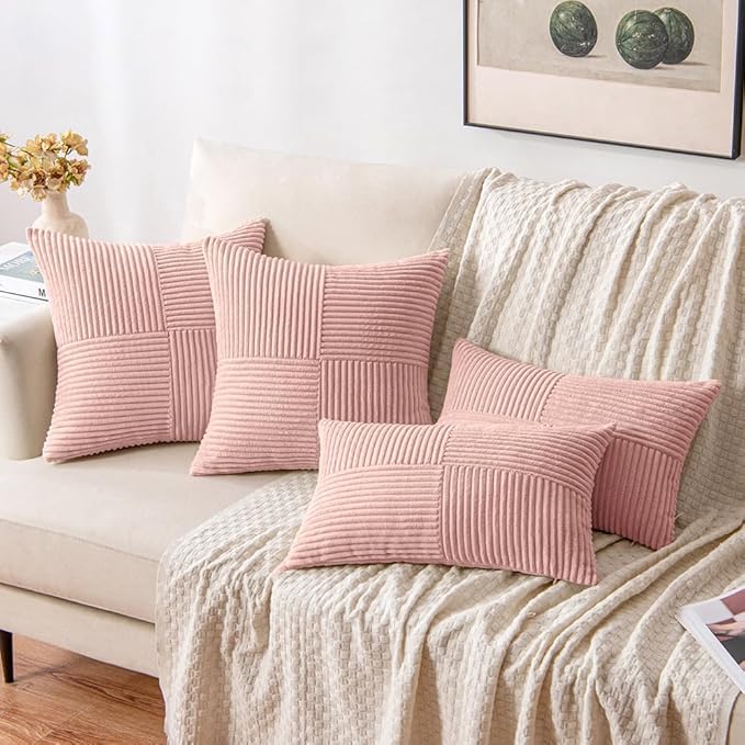MIULEE Pink Decorative Throw Pillow Covers 20x20 Inch for Couch Bed Sofa Valentines Day Pack of 2 Boho Farmhouse Throw Pillows Soft Cross Corduroy Patchwork Textured Cushion Cases