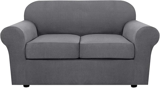H.VERSAILTEX 3 Piece Stretch Sofa Covers for 2 Cushion Loveseat Couch Covers for Living Room Furniture Cover (Base Cover Plus 2 Seat Cushion Covers) Thicker Jacquard Fabric(Medium Sofa, Grey)